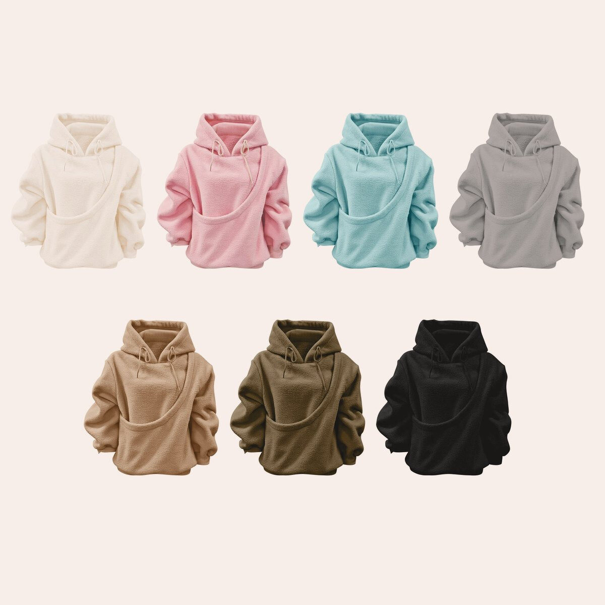 The hoodie in Ivory, Pink, Sky Blue, Gray, Khaki, Olive and Black