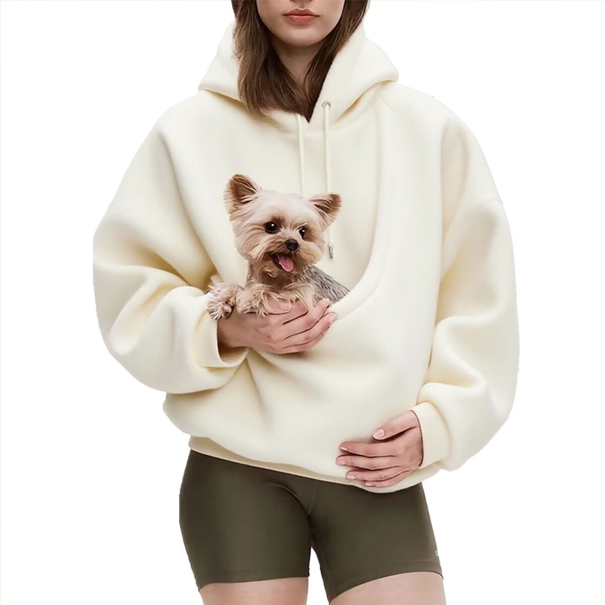 Ivory hoodie with a small dog in the pouch