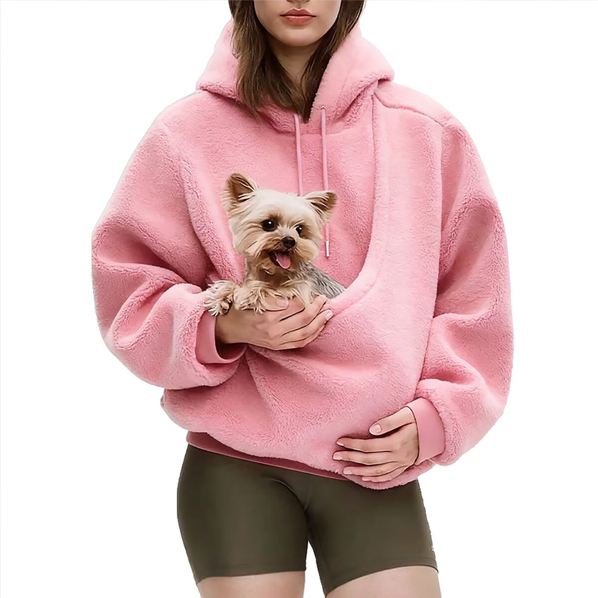 Pink hoodie with a small dog in the pouch